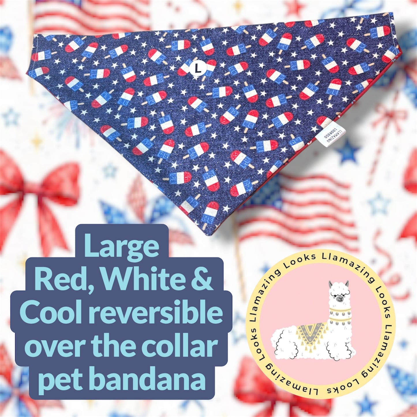 10% off🏷️Red, White, & Cool Reversible Over the Collar Pet Bandanas