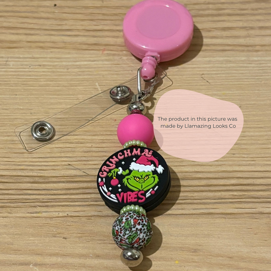 Pink Grinchmas beaded badge reel